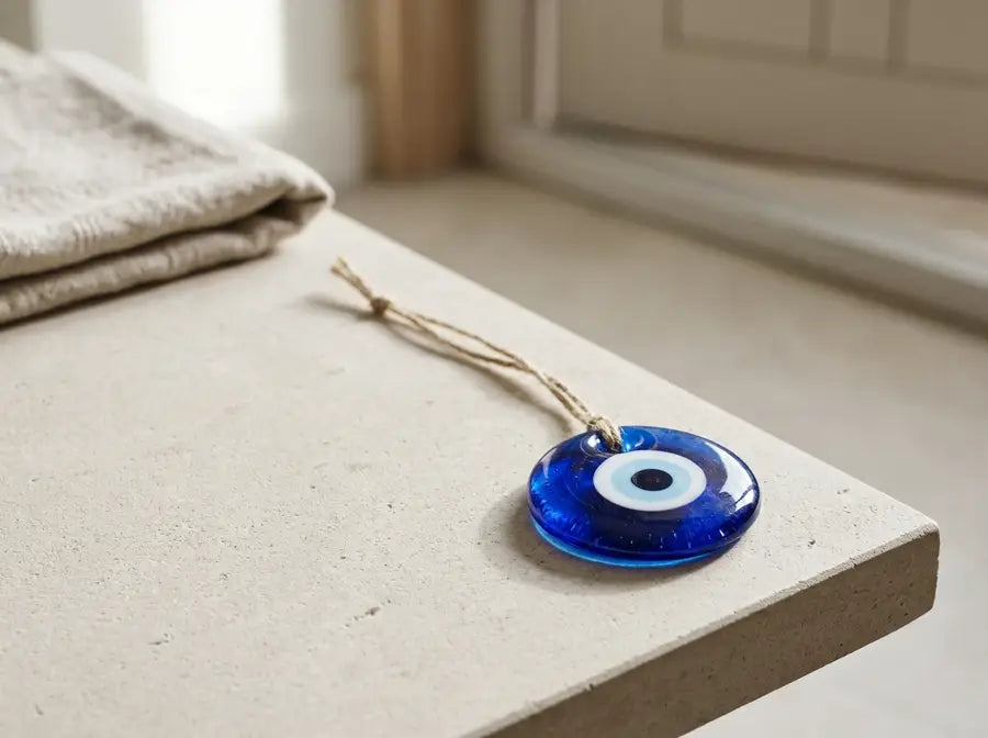 Off-center blue glass mati ornament rests near a soft household threshold line and folded linen
