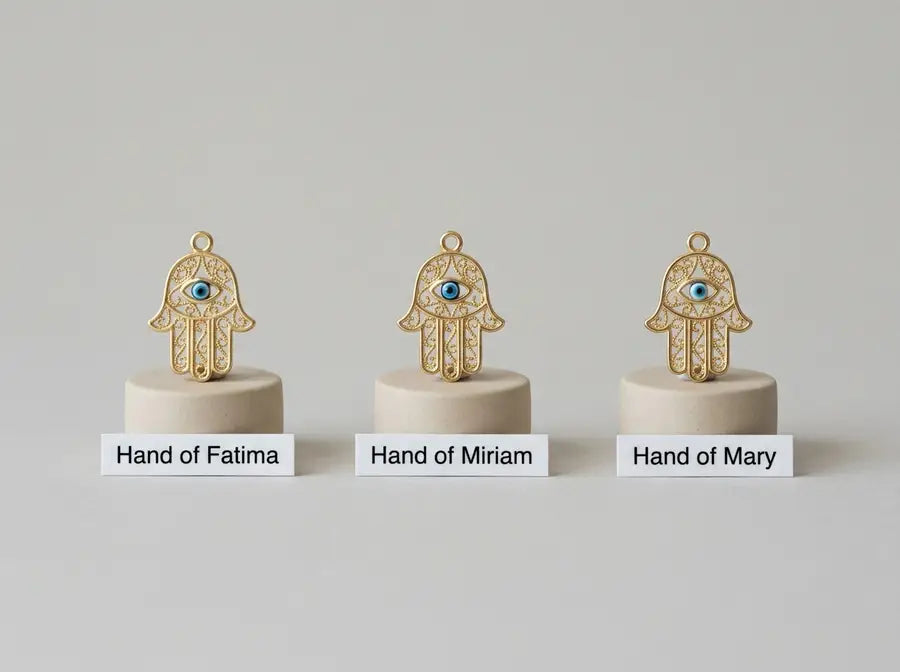Three identical gold Hamsa charms in a row with small labels reading Hand of Fatima, Hand of Miriam, and Hand of Mary