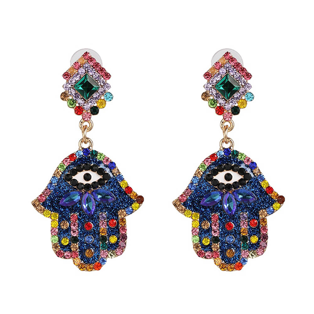Blue Hamsa earrings with black-and-white eyes, multicolored accents and green centers in diamond-shaped tops.