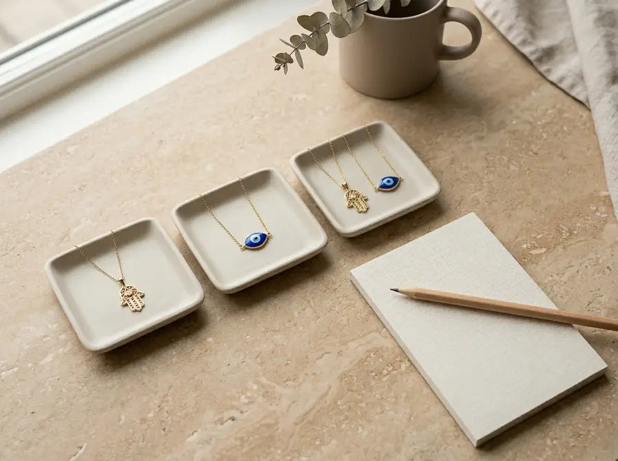 Three small trays in an arc holding a Hamsa, an evil eye, and both together beside a blank notepad and pencil.