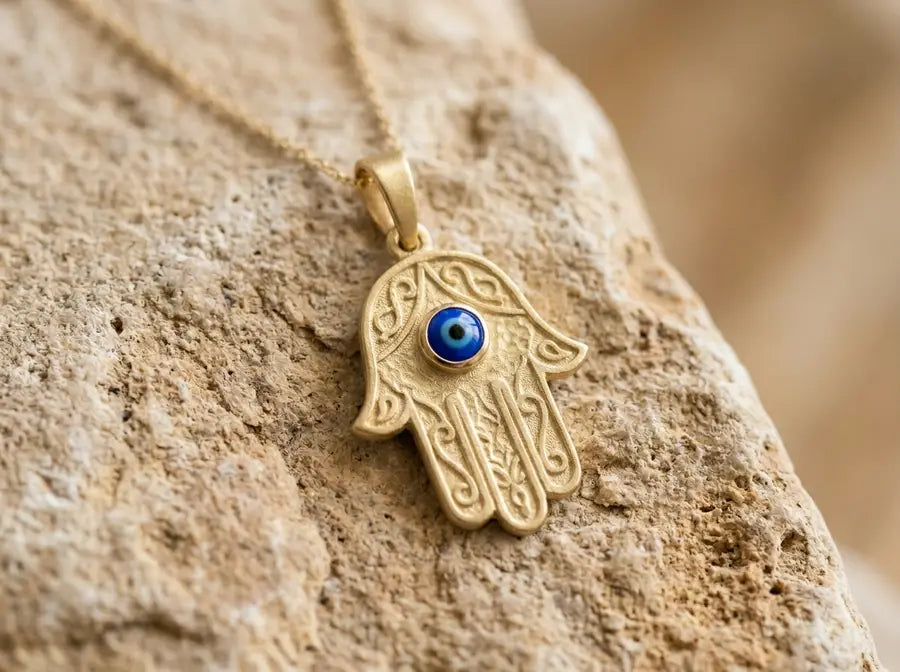 Close gold Hamsa pendant with spread fingers, central blue eye, and a fine chain curving out of frame.