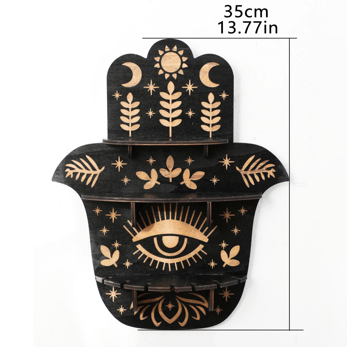Black Hamsa hand shelf with three empty tiers and a vertical annotation labeled 35 cm and 13.77 in