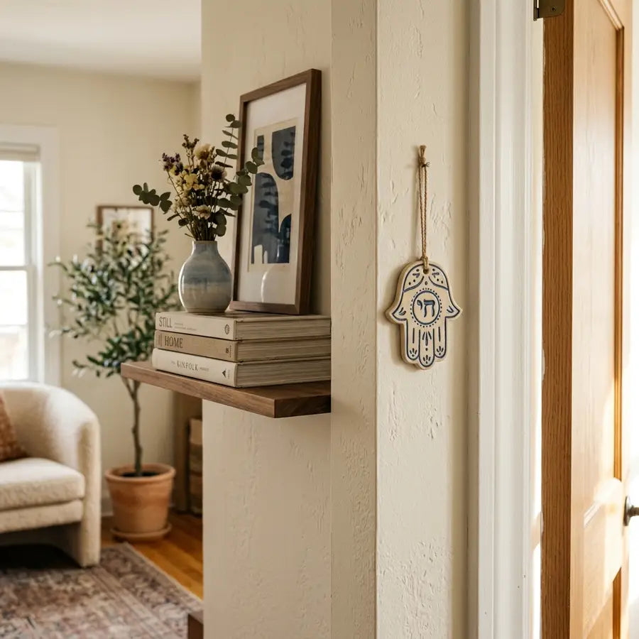 Small ceramic Hamsa on a wall beside a doorway and shelf, with books, frame, and vase showing real room scale.