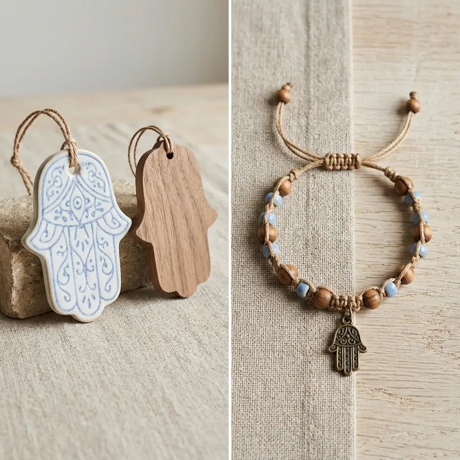 Ceramic and wooden Hamsa hangings beside a beaded cord bracelet with a metal Hamsa charm.