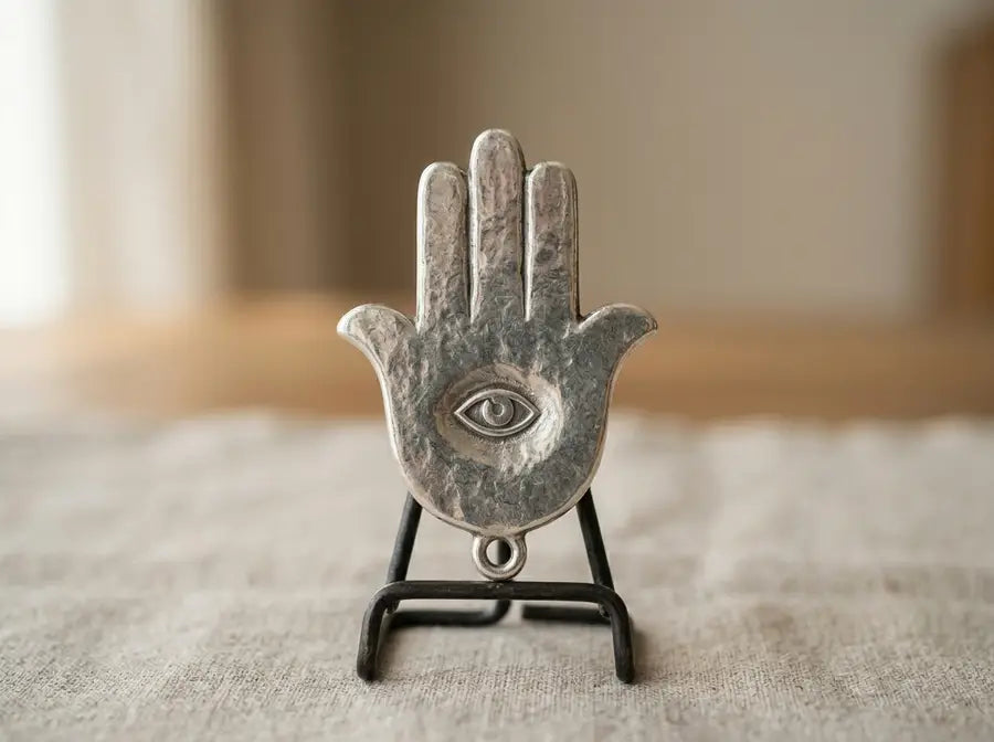 Upright silver Hamsa charm on a stand showing a raised open palm with five spread fingers