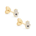 Gold tone Hamsa stud earrings with clear accents, dark centers and butterfly backs