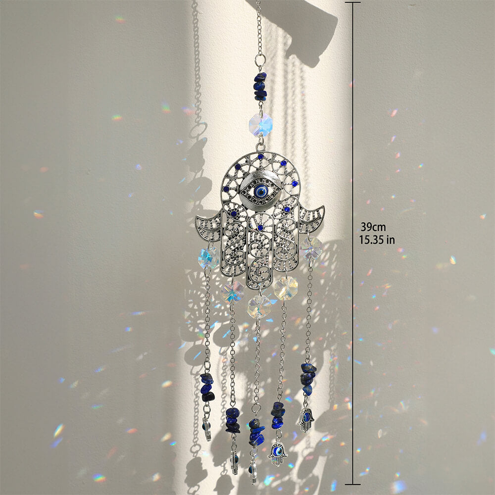 Hamsa suncatcher with blue beads and small hand charms beside a vertical length marker labeled 39 cm and 15.35 in.