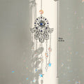 Silver tone Hamsa suncatcher with clear star drops beside a vertical length marker labeled 39 cm and 15.35 in.