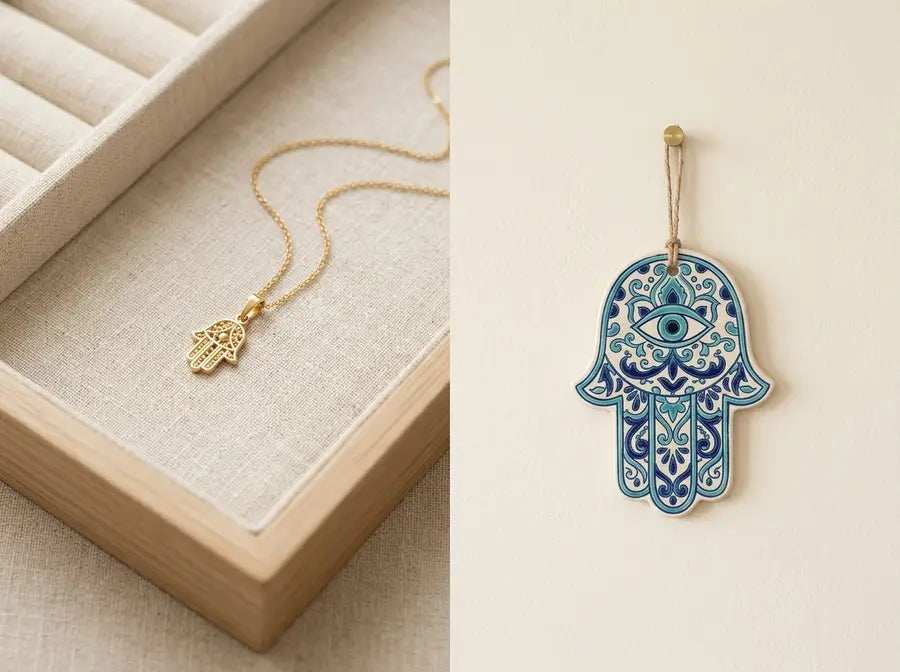 Split scene with a small gold Hamsa pendant on a tray for wearing and a larger Hamsa wall hanging mounted for the home