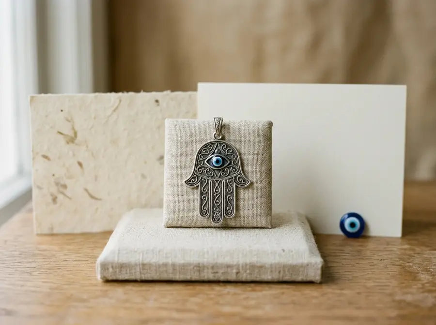 Single upright Hamsa on a linen pad with two blank archival cards behind and a smaller blue nazar bead set apart.