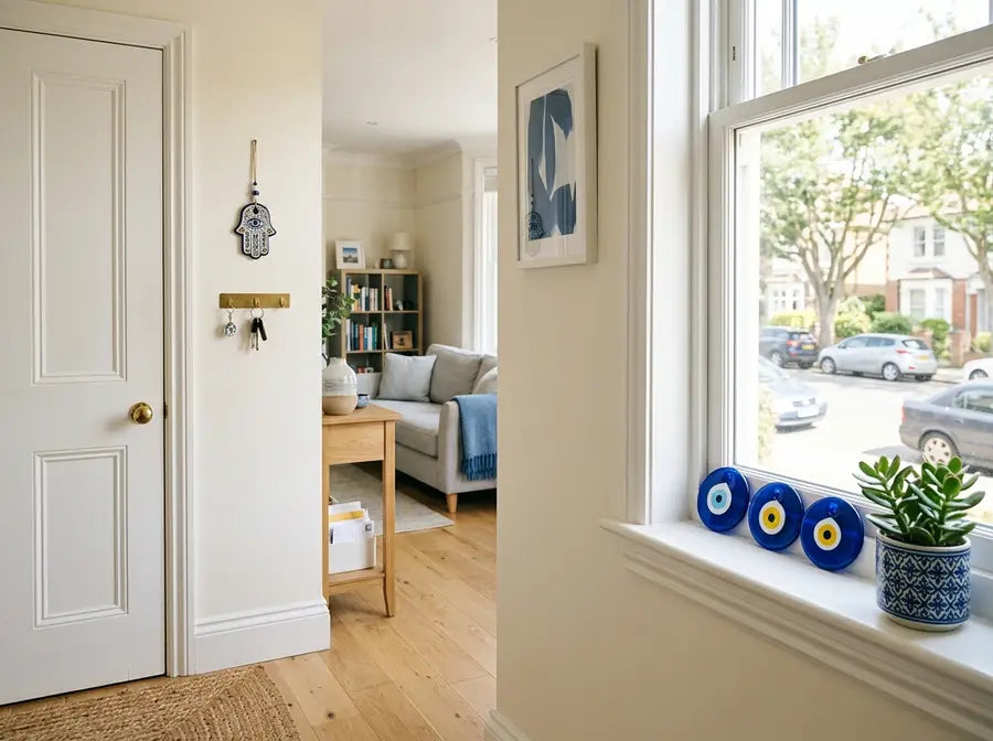 Hamsa charm by a front door and blue eye beads on a street-facing window ledge in a bright home interior.