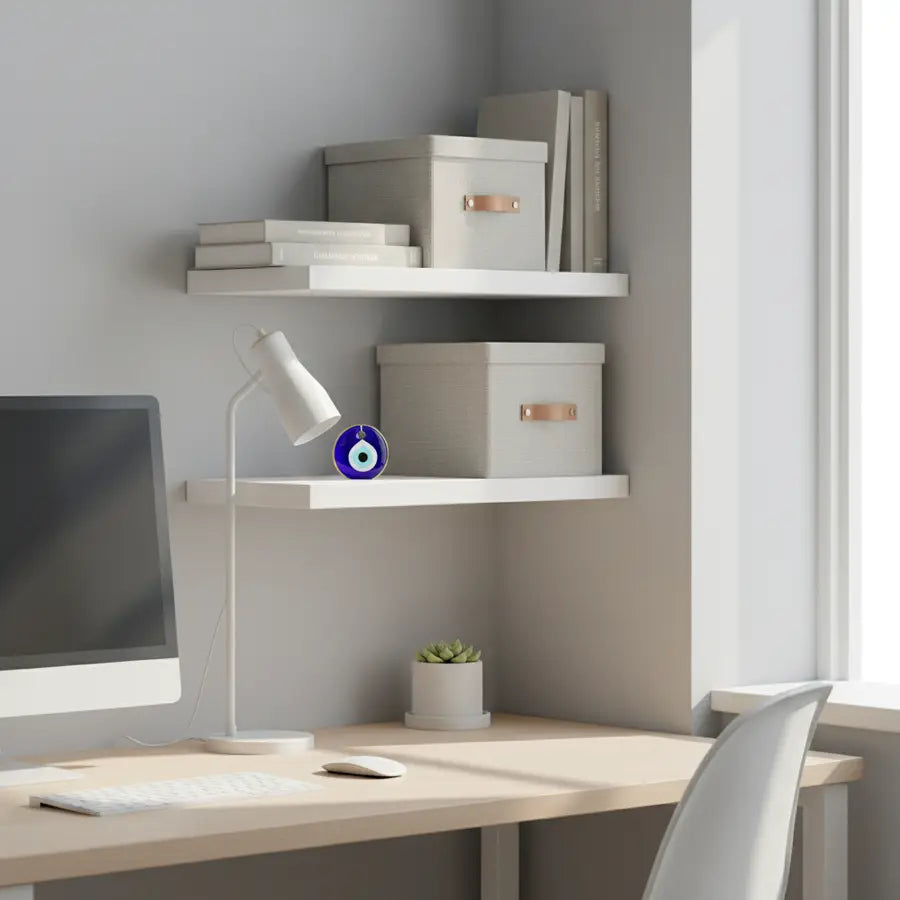 Home office corner with a small evil eye amulet on a shelf beside a tidy desk