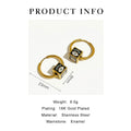 Product information graphic showing black evil eye cube hoop earrings with dimension labels reading 23 mm and 8 mm