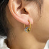 Gold tone hoop earring with a white evil eye cube bead worn on an ear