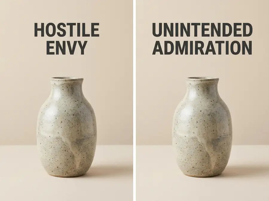 Matching ceramic vases appear under the headings Hostile Envy and Unintended Admiration