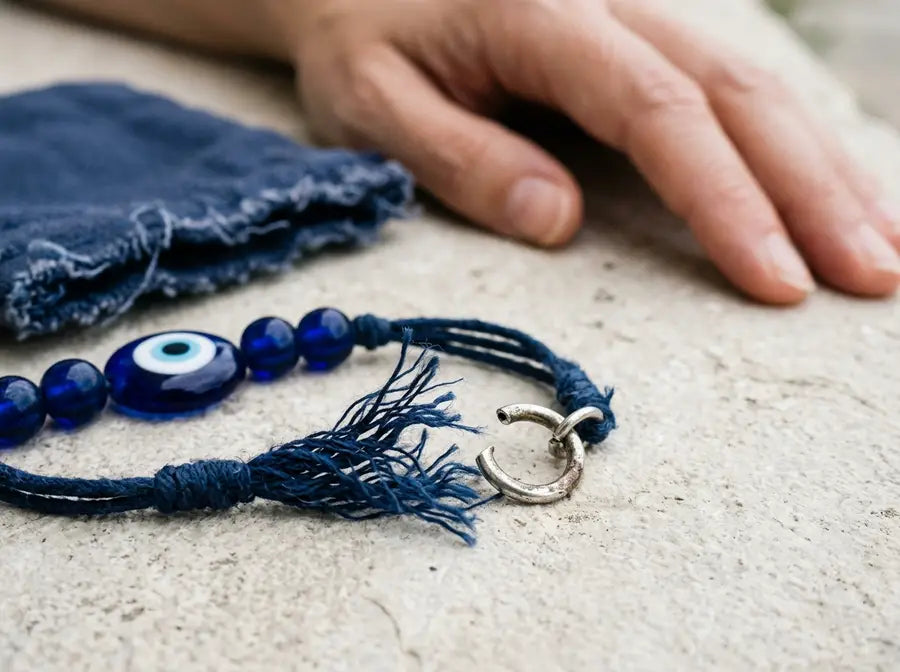Frayed cord ends and a separated connector appear sharply in front of a softly blurred keepsake pouch and resting adult hand.