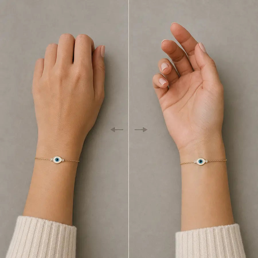 Two same-scale wrist views separated by a subtle divider, comparing an evil eye bracelet on the left wrist with one on the ri