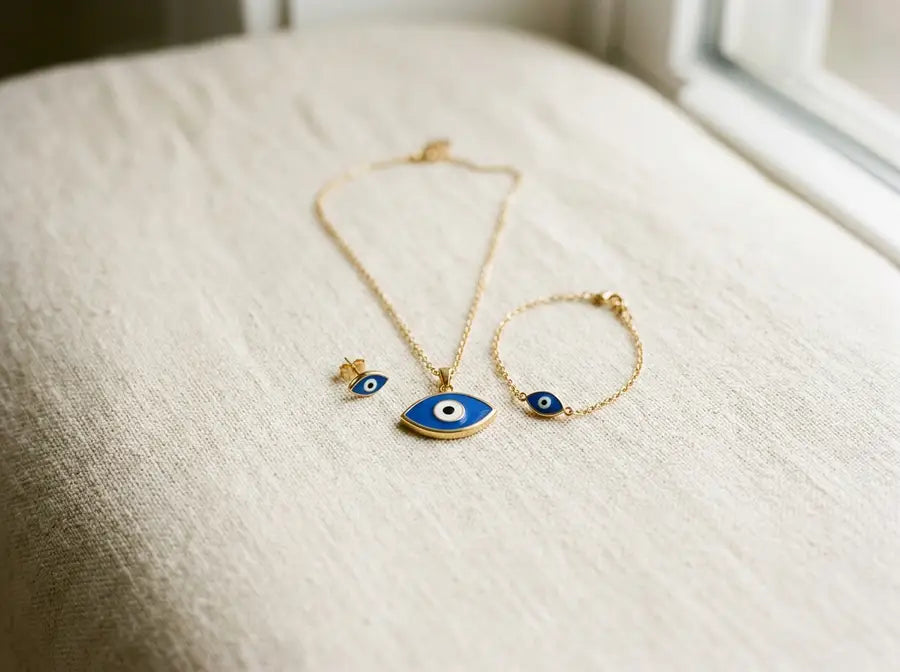 One central evil eye necklace with a small matching eye stud and bracelet sharing the same blue as one coordinated set