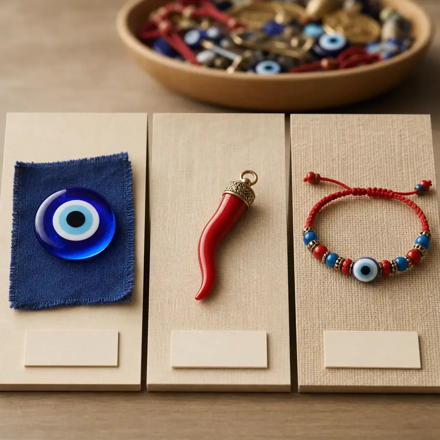 Three separated panels with a Turkish nazar bead, Italian horn charm, and Latin American mal de ojo bracelet shown as distinc