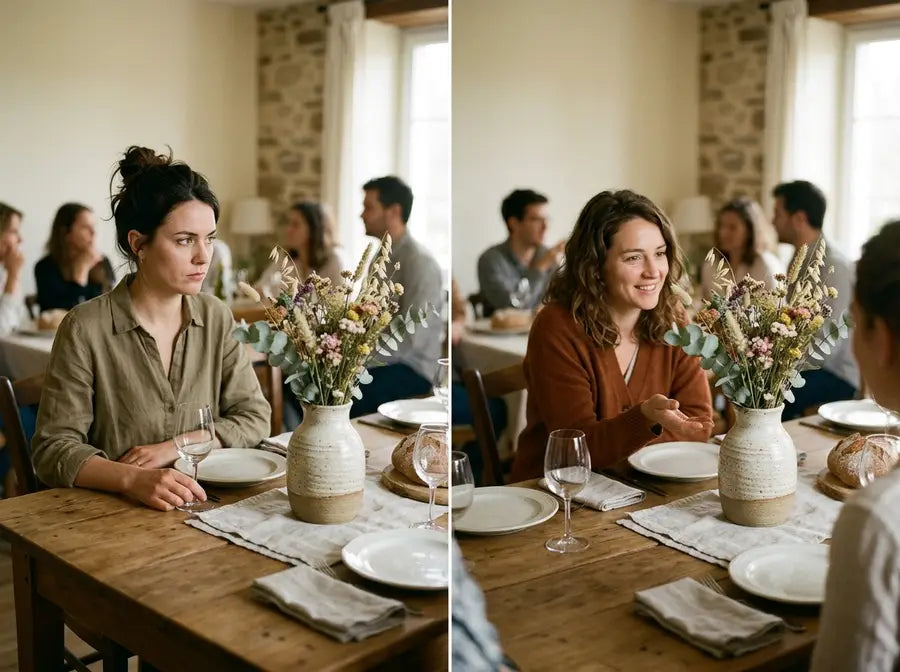 Side-by-side dining scenes show one woman with a serious expression and another smiling beside the same flower-filled vase
