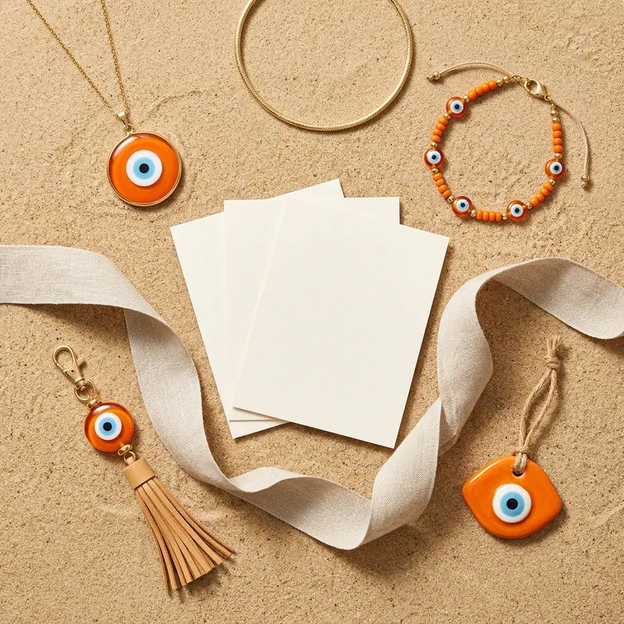 Orange evil eye pendant, bracelet, keychain, and hanging charm arranged around blank cards and cream ribbon.
