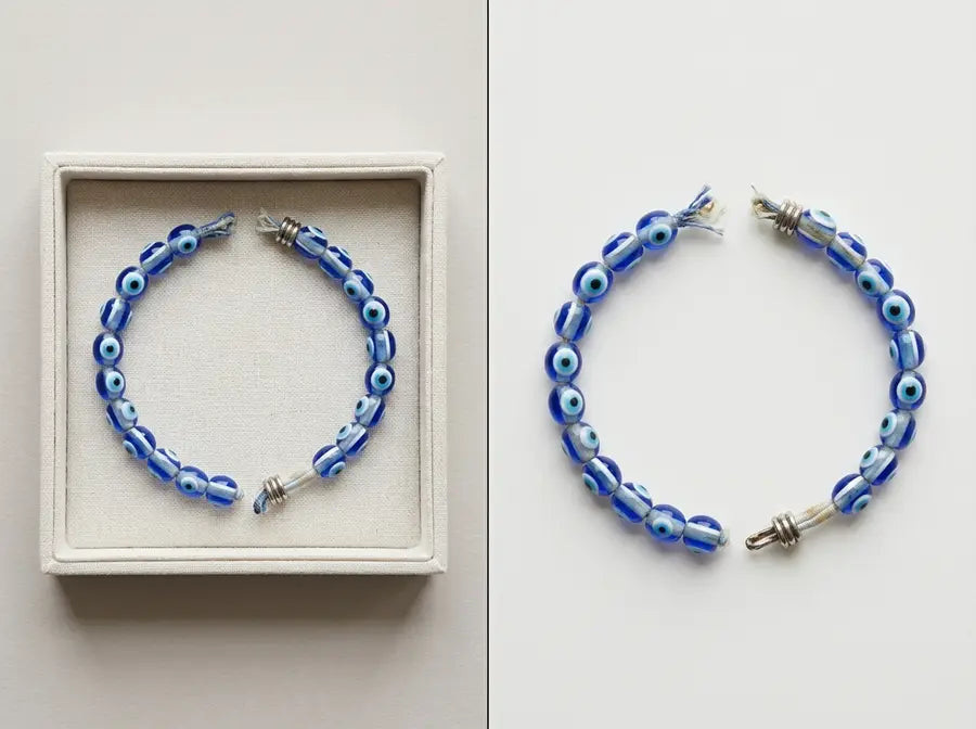 Matched split views show the same broken bracelet in a fabric-lined keepsake box and on an inspection surface with frayed ela