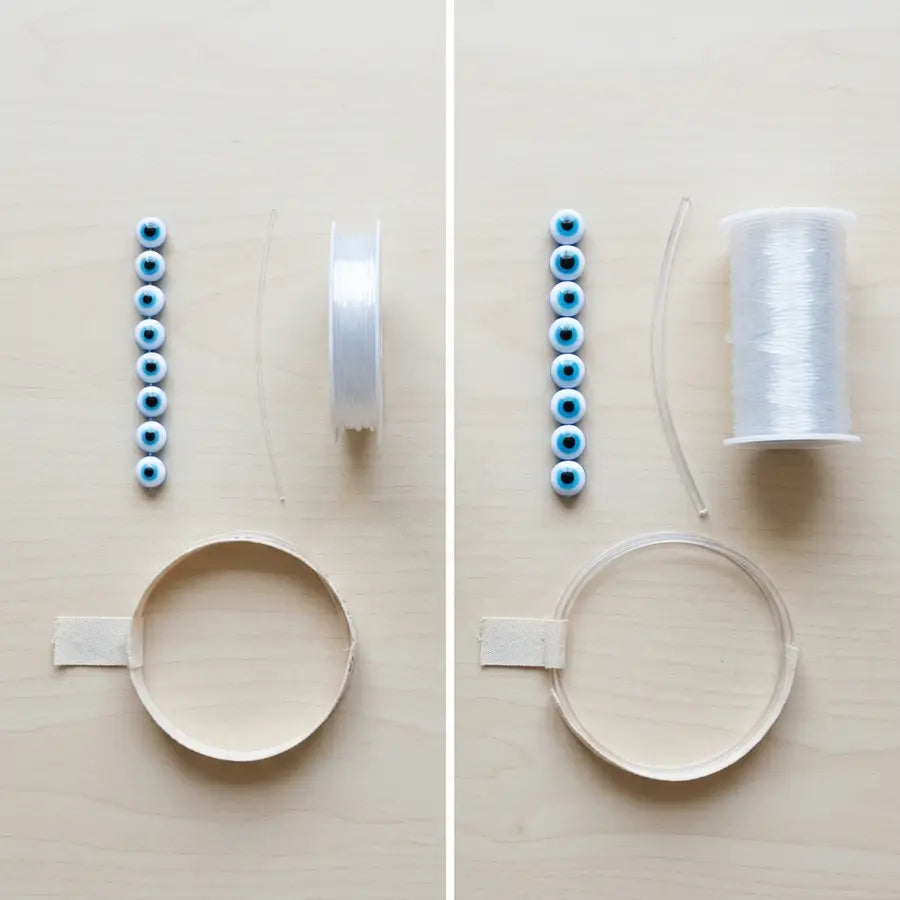 Side-by-side planning layout comparing small and large evil eye beads with matching cord thickness and bracelet length guides