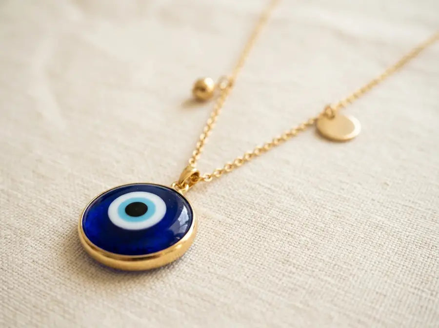 One large sharp blue evil eye pendant leading in front while two smaller accent charms sit blurred and secondary behind