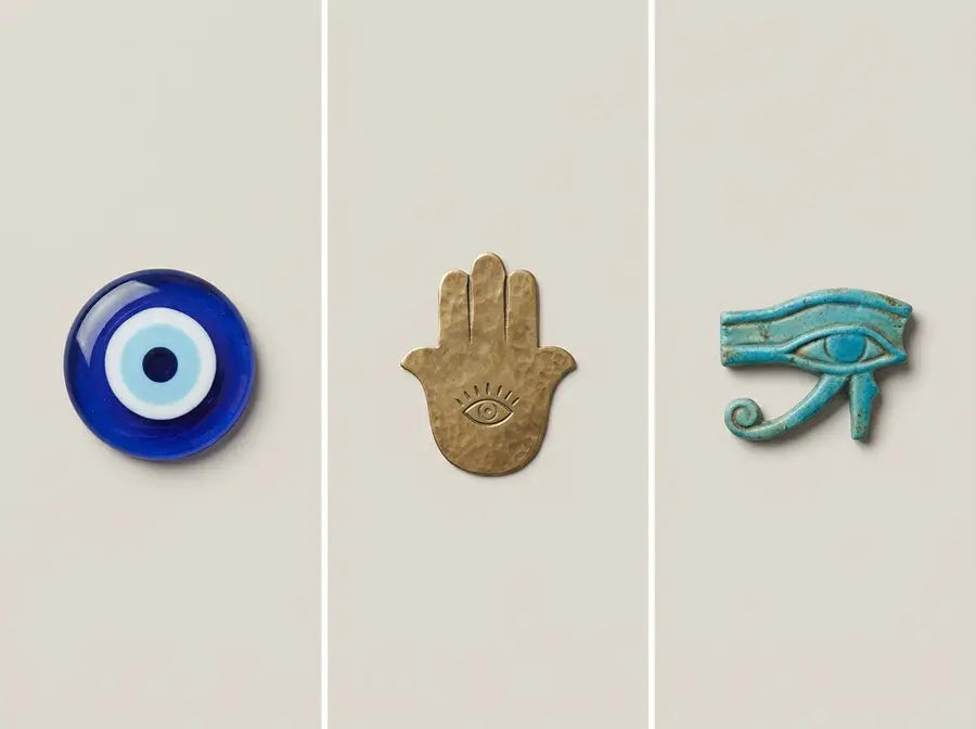 Round blue Nazar, hand-shaped Hamsa, and turquoise wedjat eye displayed in three aligned panels