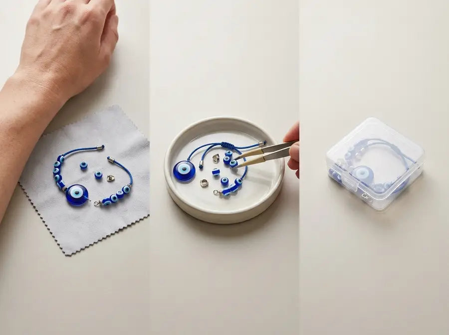 A three-step sequence moves a snapped bracelet from beside an adult wrist to a rimmed collection tray and then into a closed