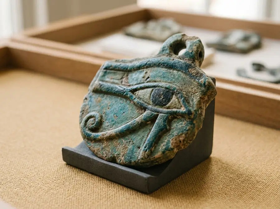 Weathered turquoise wedjat-style eye ornament displayed on a small black stand