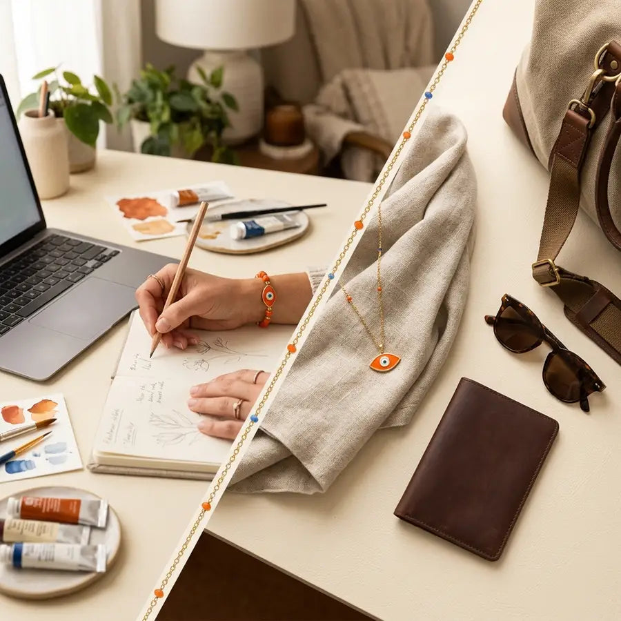 Split desk scene with a bracelet worn while sketching on one side and an orange evil eye necklace beside travel items on the