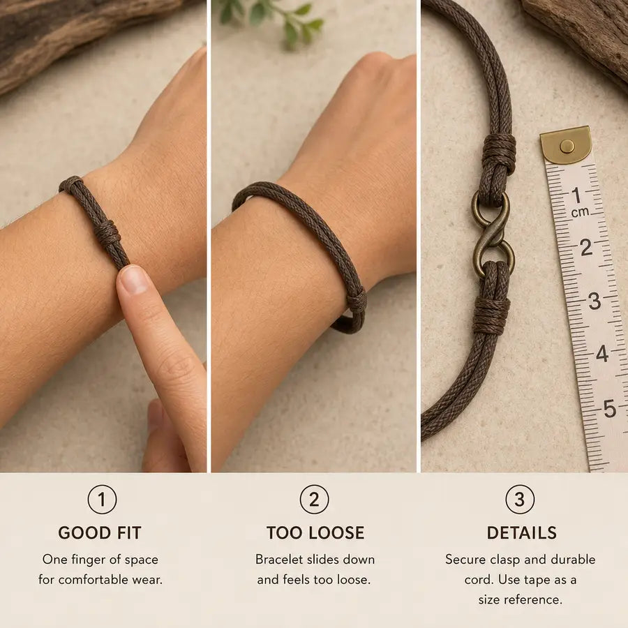 A three-part buying check shows comfortable bracelet spacing, an overly loose bracelet near the hand, and clasp details besid