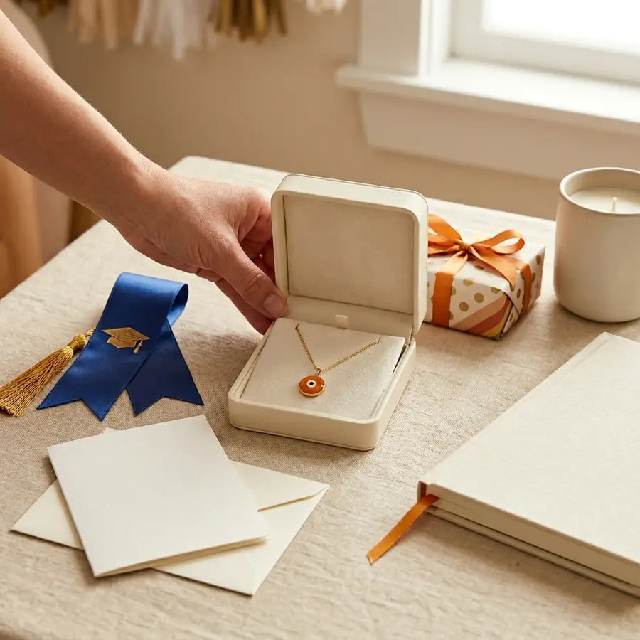 Hand presenting an orange evil eye necklace in a jewelry box beside a graduation ribbon and wrapped gift.