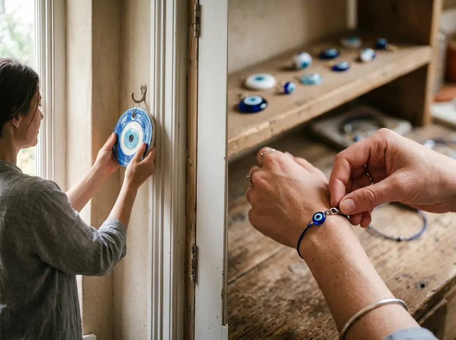 Split scene shows a blue eye wall hanging being placed by a window and a blue eye bracelet fastened on a wrist