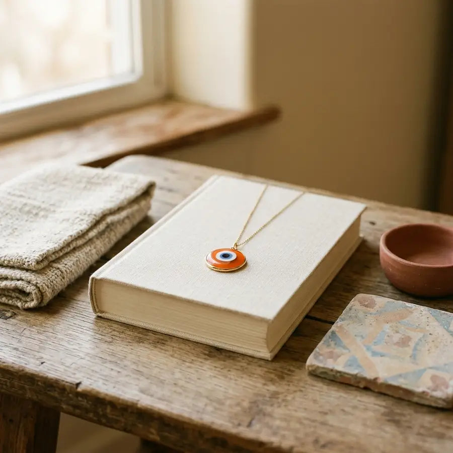 Orange evil eye pendant necklace displayed on a cream fabric-bound book on a rustic wooden table.