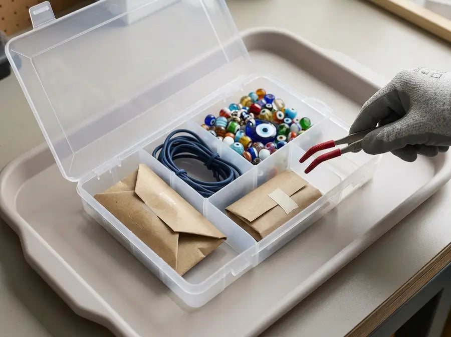 Reusable beads sit in a compartmented organizer while sharp glass is wrapped and severed cord and metal fittings are sorted i