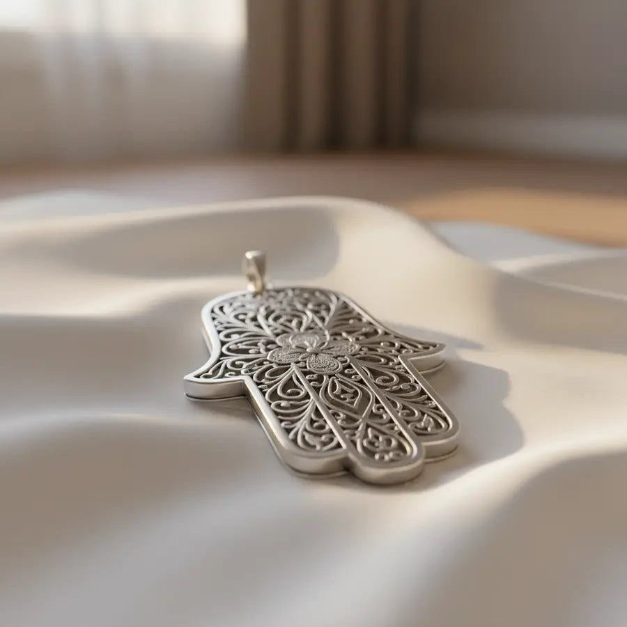 Silver Hamsa hand pendant with intricate filigree design on soft white silk