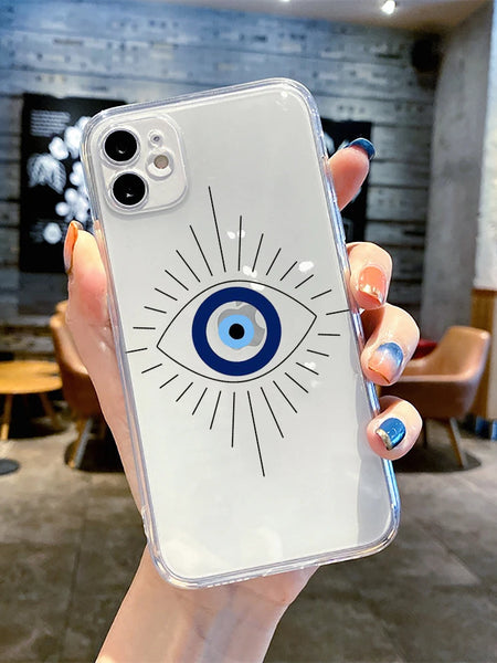 Clear iPhone case with a single blue eye and radiating black lines, shown from the back on a phone held in one hand.