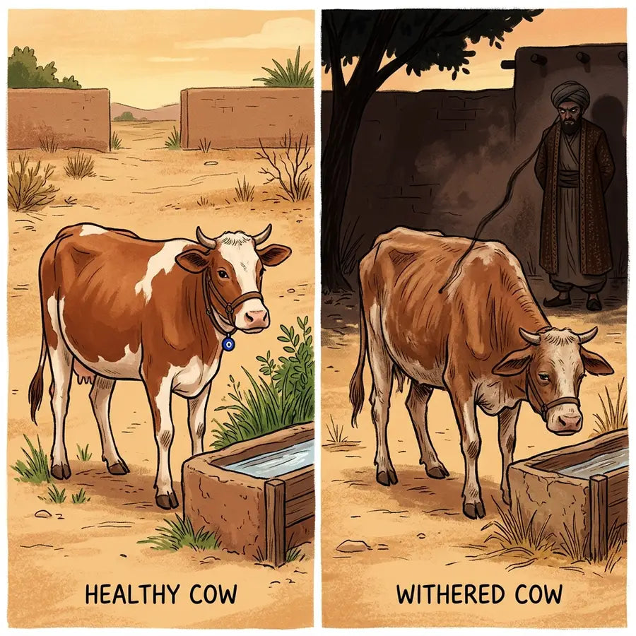 Side-by-side cow comparison showing a healthy animal on the left and the same weakened animal under a jealous background gaze
