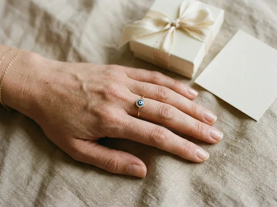 Left hand wearing an evil eye ring beside a cream gift box, blank note card, and soft ribbon on beige linen.