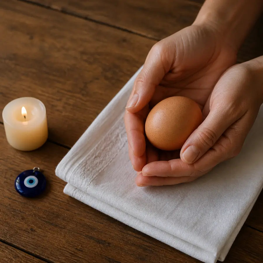 Adult hands holding a brown egg over white cloth with a small blue bead and simple candle off to the side