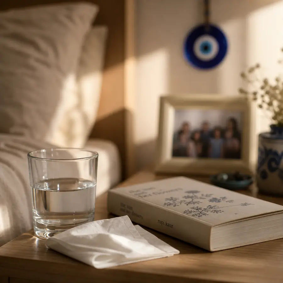Bedside table with water glass, tissue, unread book, and blurred blue evil eye charm in the background
