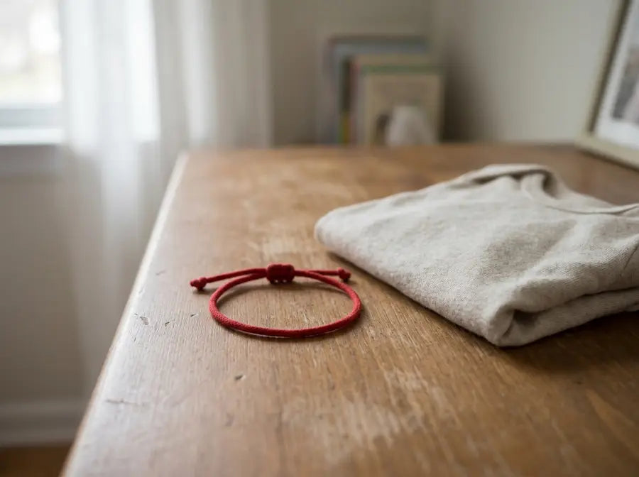 Simple red cord bracelet rests beside a folded child-size cotton shirt on a wooden dresser