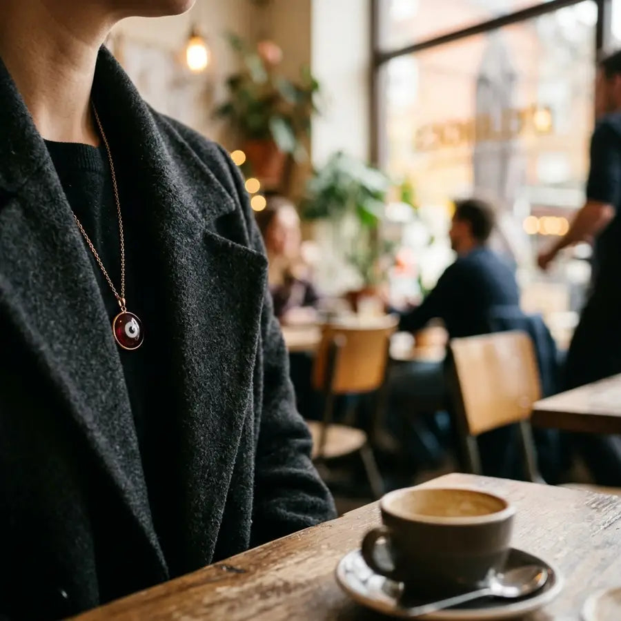 Sharp maroon evil eye necklace on a coat with blurred cafe silhouettes and window reflections behind it.