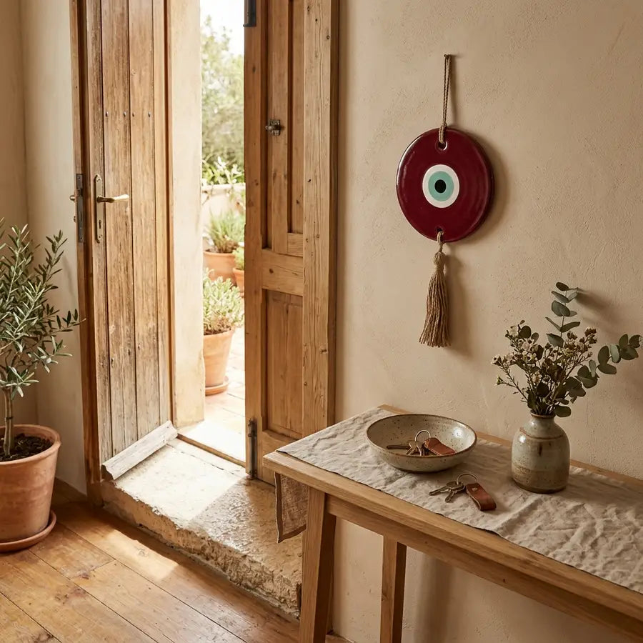Maroon evil eye wall hanging near a doorway above a console table with keys and a ceramic bowl.