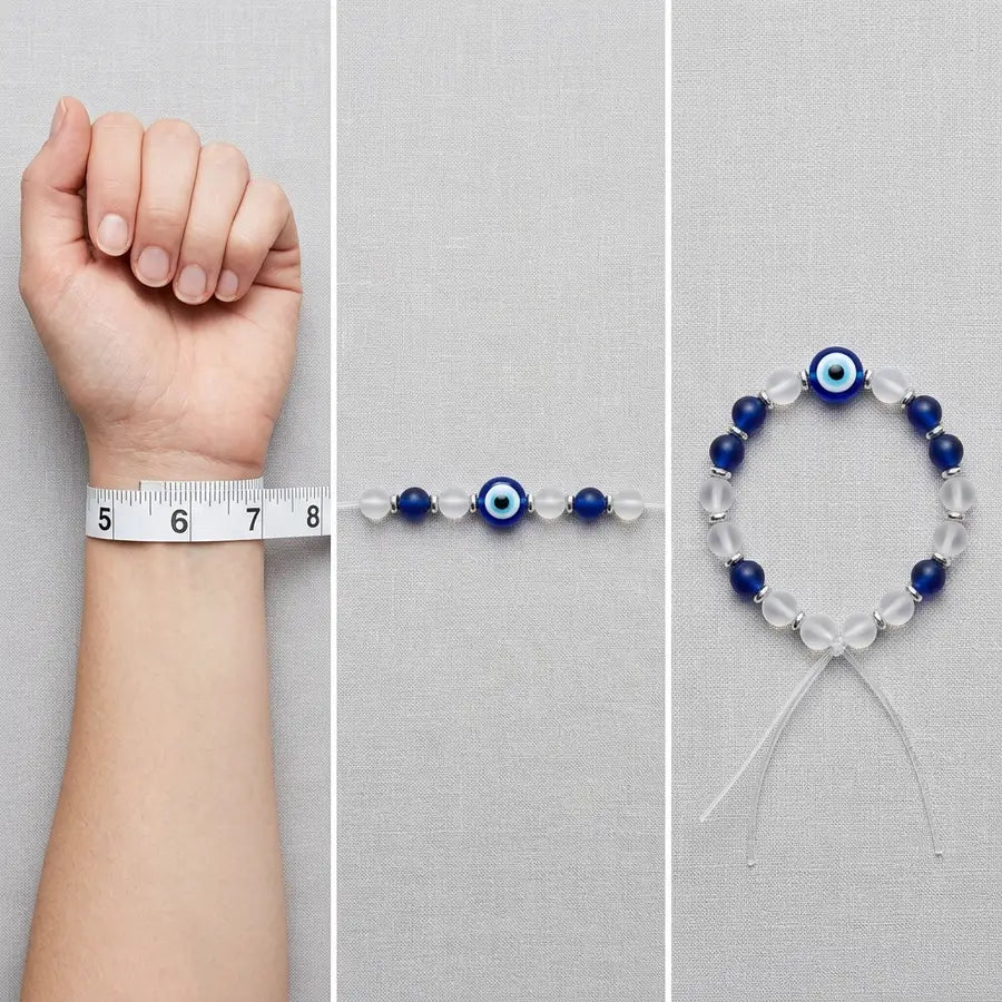 Three-stage overhead setup with wrist measuring tape, planned bead row, and nearly tied evil eye bracelet on one tabletop.