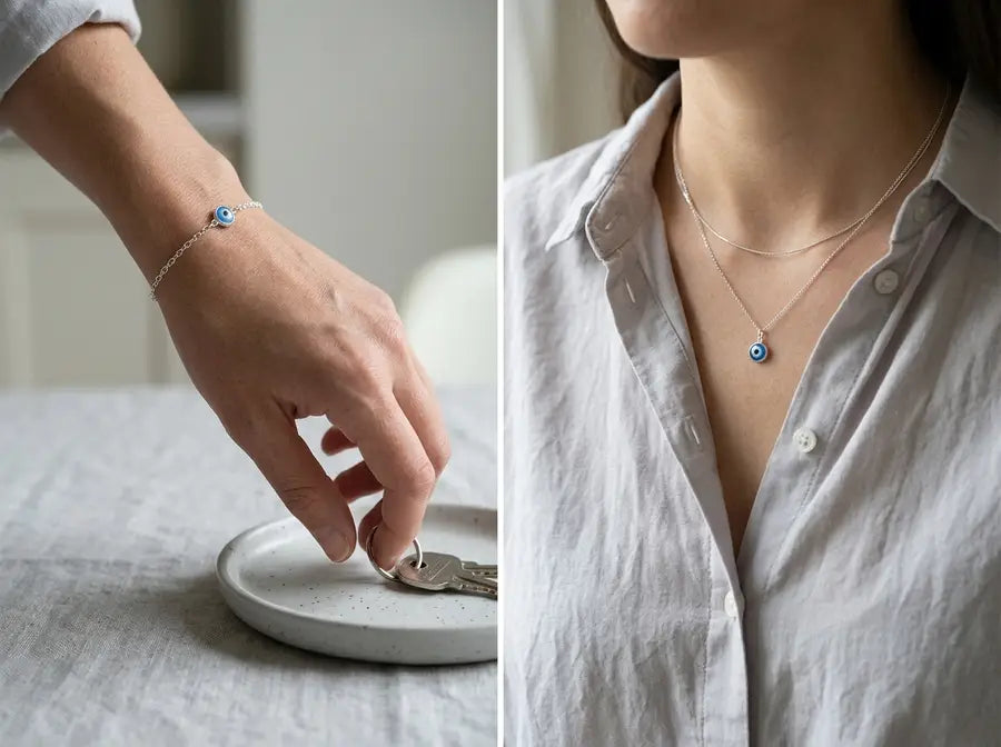 A visible Nazar bracelet moves with a hand near a key tray while a matching small pendant sits discreetly beneath a soft-gray