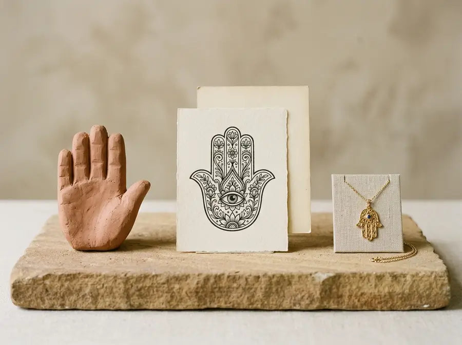 Left-to-right progression from clay hand form to archival Hamsa reference to modern gold Hamsa pendant on chain.