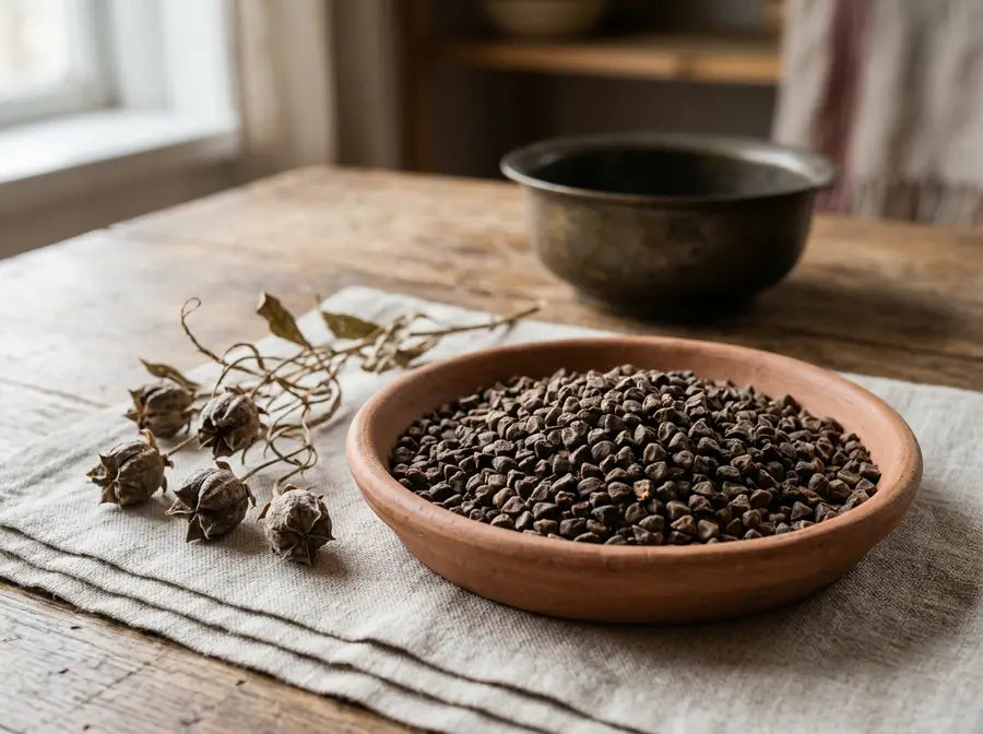 Brown seeds and dried seed capsules in a clay dish beside an unlit brass vessel